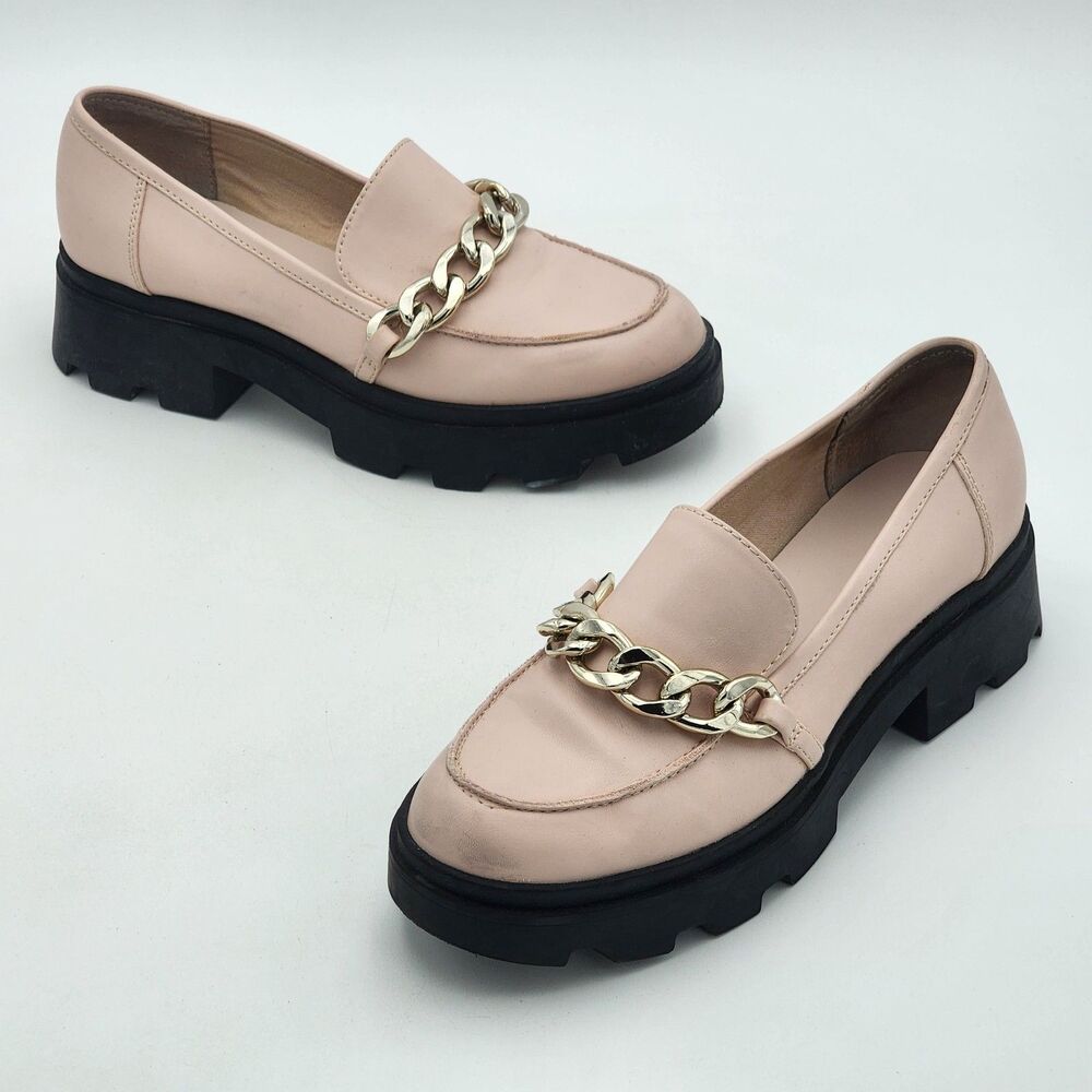 Open Edit Edellie Chunky Lug Sole Platform Loafers Gold Link Baby Pink Size 9